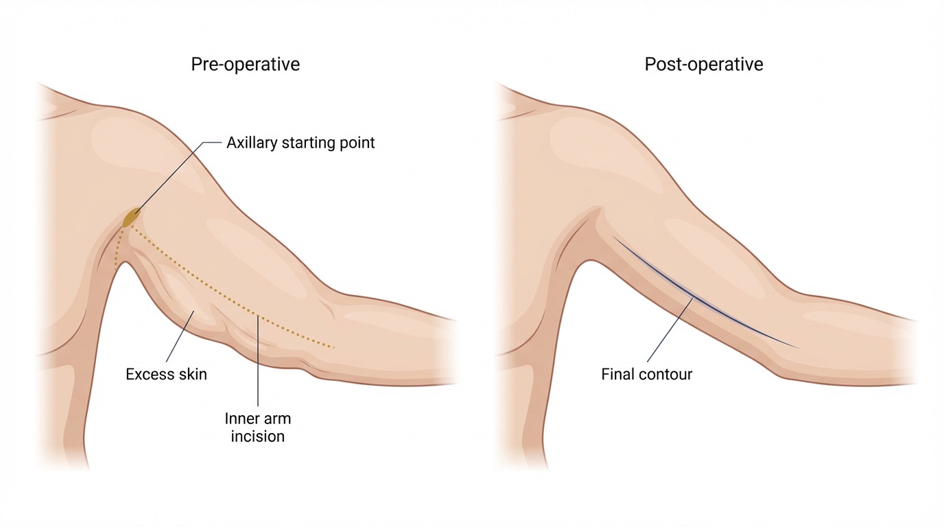 Medical illustration of brachioplasty (arm lift)