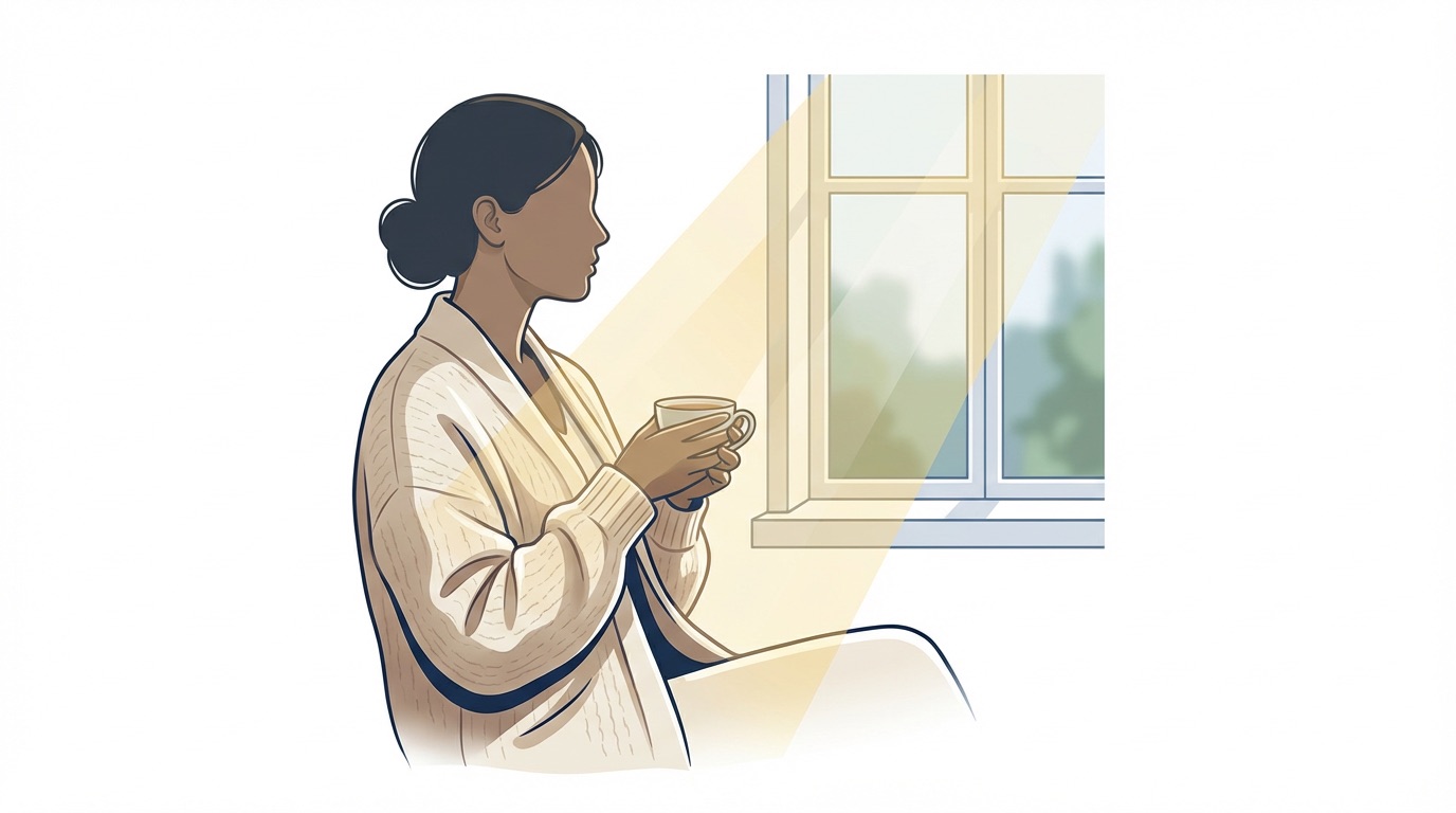 Illustration — a serene side profile of a woman recovering quietly beside a sunlit window