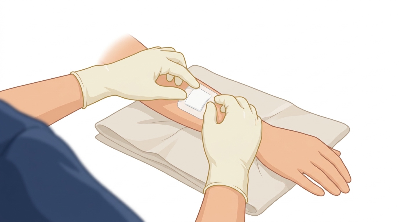 Illustration — a surgeon's gloved hands placing a neat dressing on a patient's arm in a calm procedure room