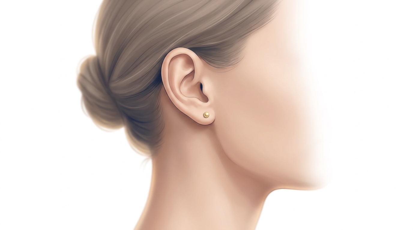 Illustration — elegant close-up profile of an ear with a delicate gold earring in warm light