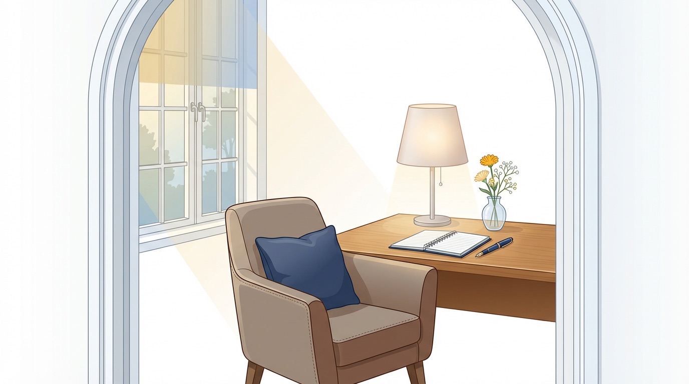 Illustration — a welcoming consulting room with warm natural light