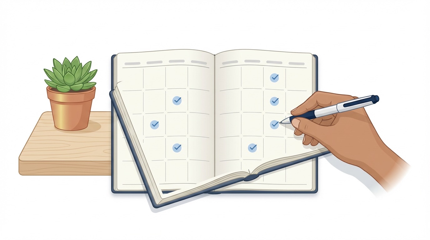 Illustration — an open calendar with follow-up appointments marked on a warm wooden desk