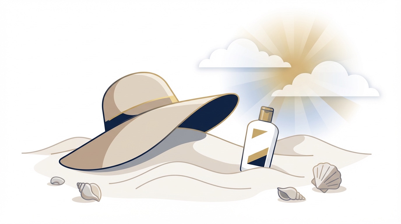Illustration — sun hat and sunscreen on warm sand, symbolising melanoma prevention