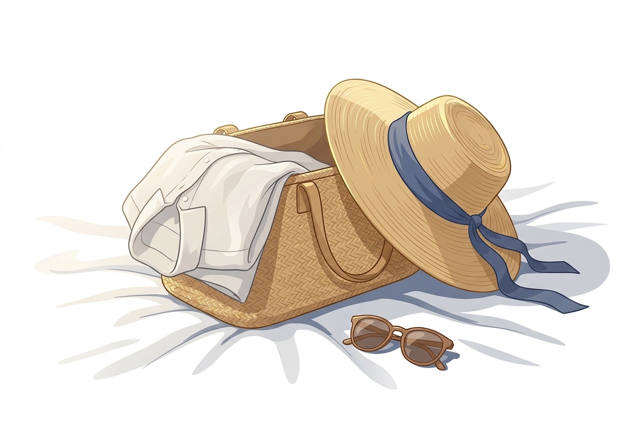 Illustration — a straw sun hat, sunglasses and travel bag resting on a bed in soft morning light