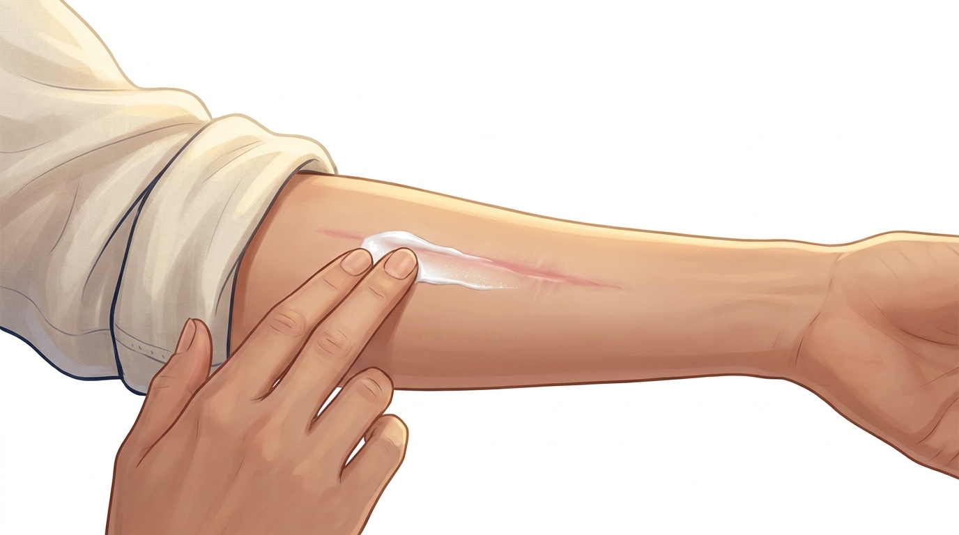 Illustration — sunscreen being gently applied over a fine healed scar on a forearm