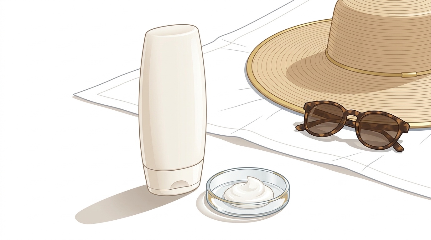 Illustration — sunscreen bottle, wide-brimmed straw hat and sunglasses arranged on pale linen in warm light