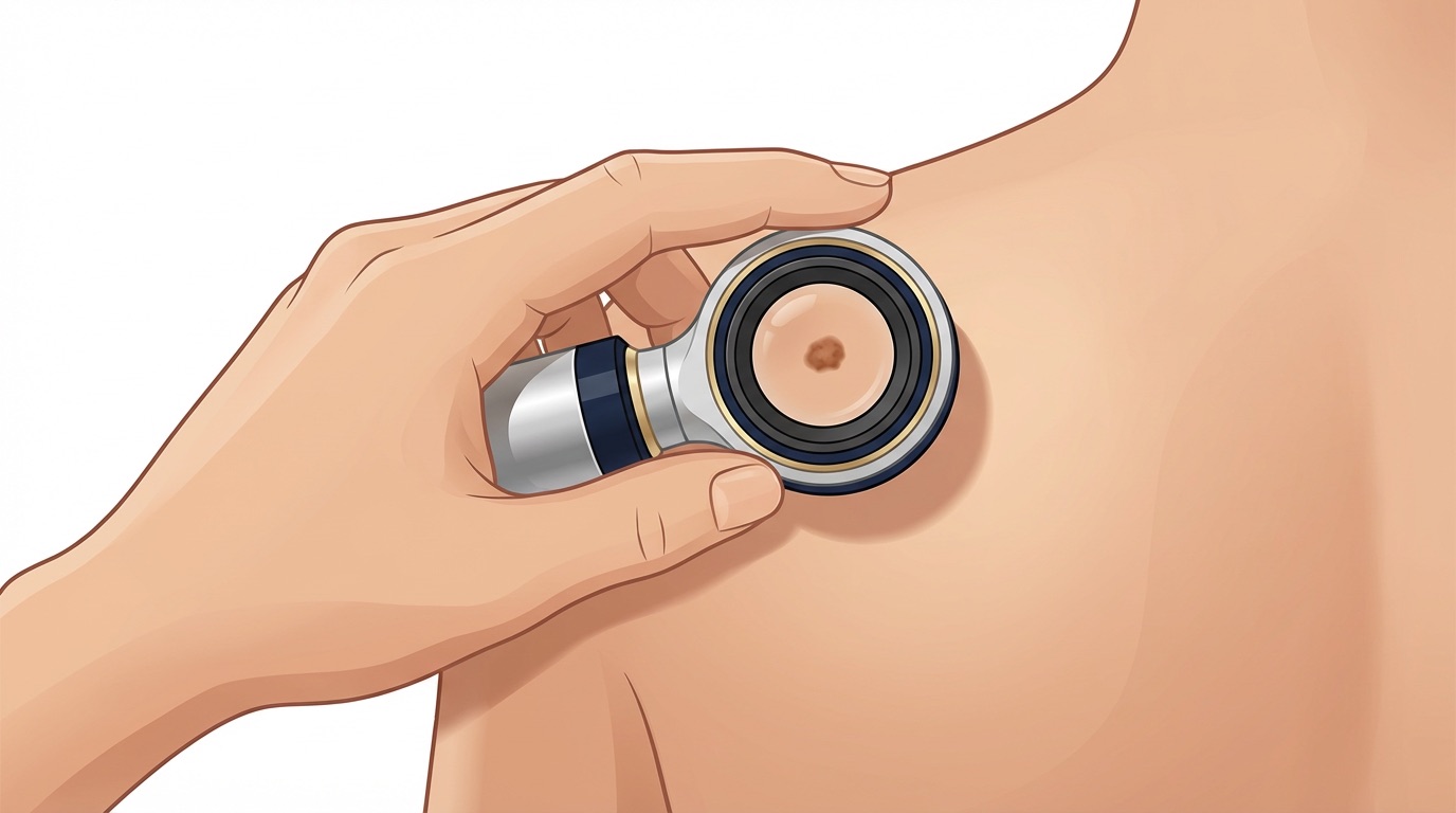 Illustration — close-up of a dermatoscope examining a mole on the skin