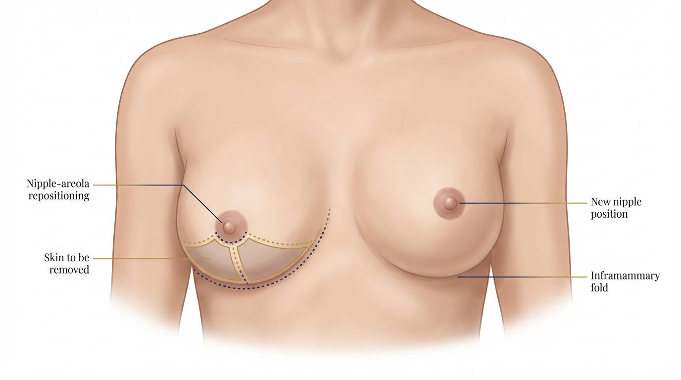 Medical illustration of mastopexy breast lift
