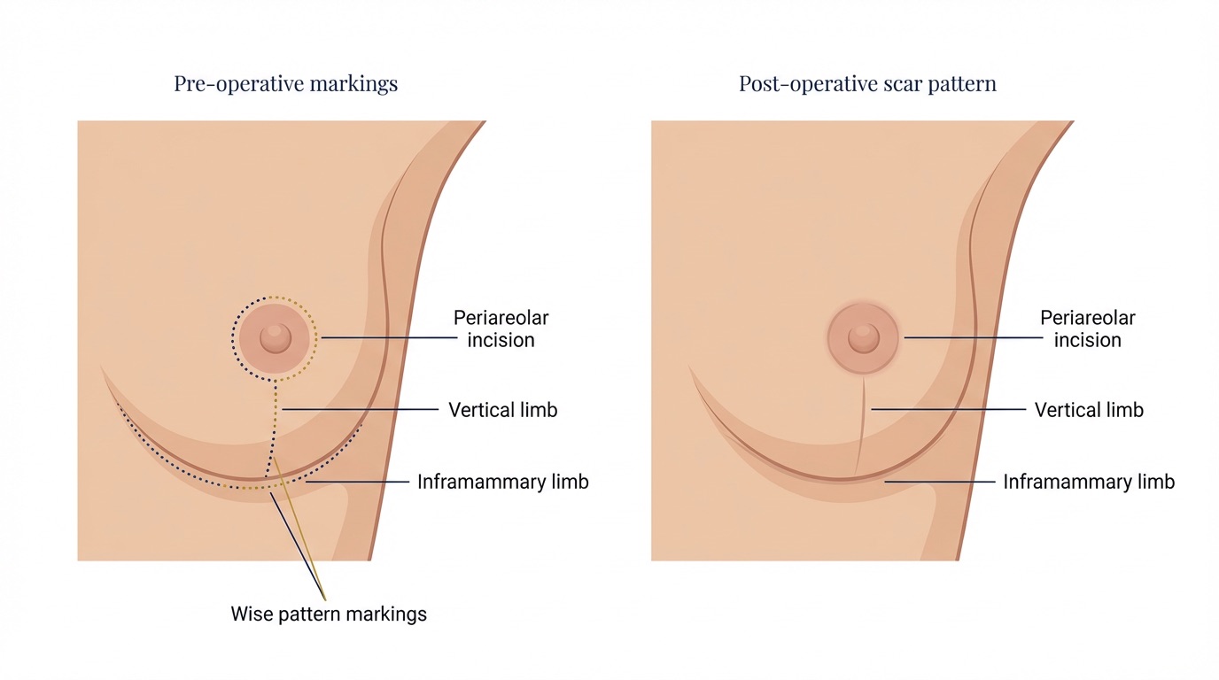 Medical illustration of breast reduction with Wise pattern incision