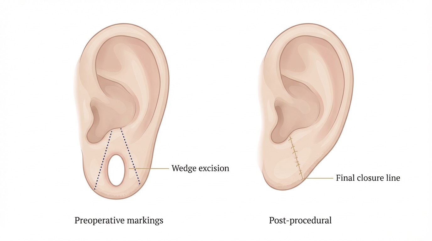Medical illustration of torn earlobe repair
