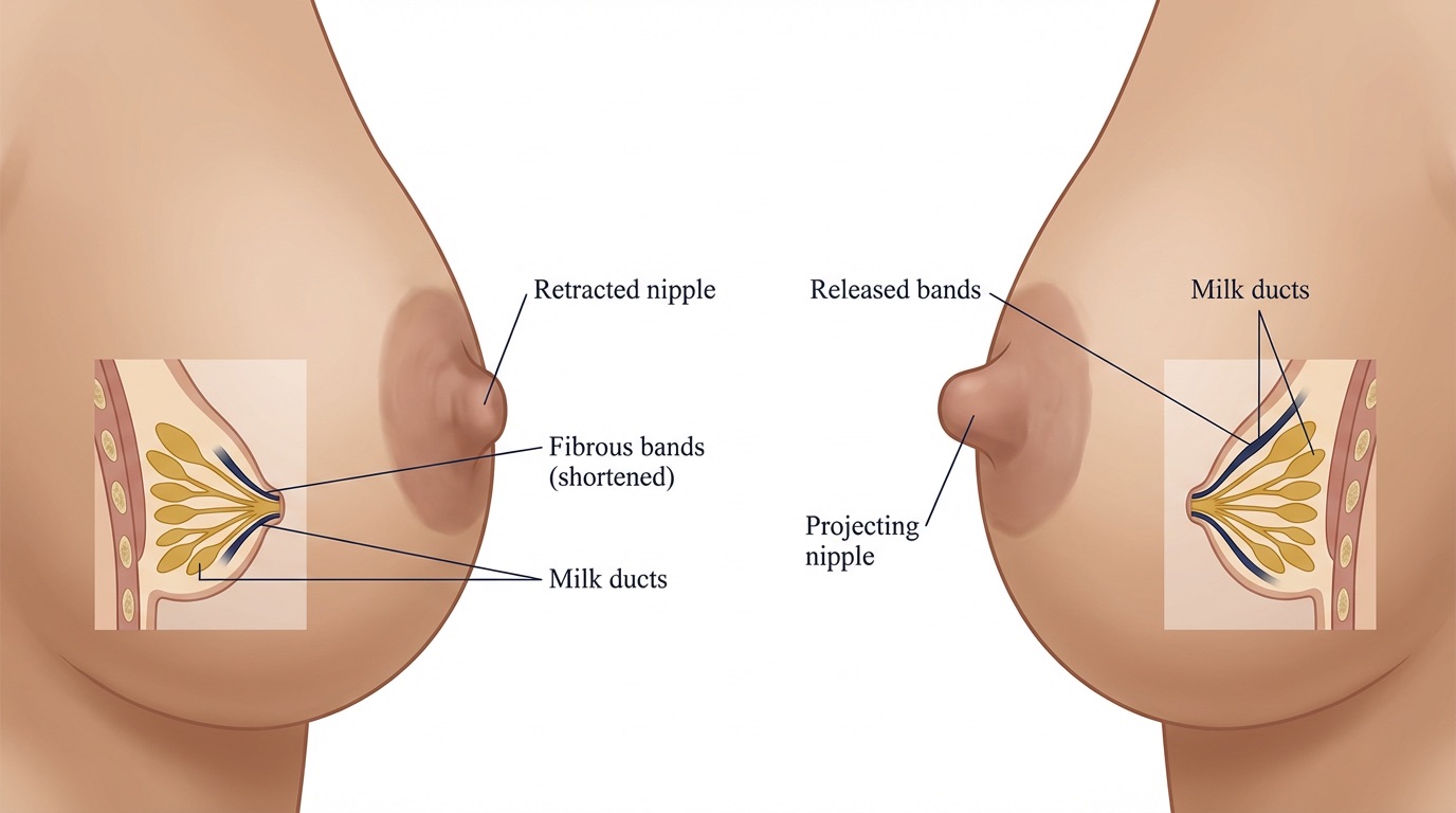 Medical illustration of inverted nipple correction
