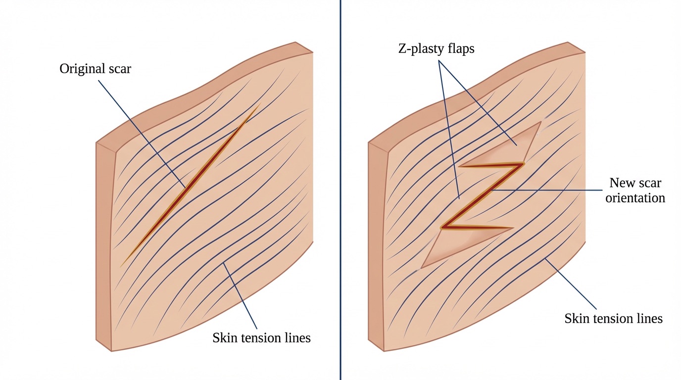 Medical illustration of scar revision with Z-plasty