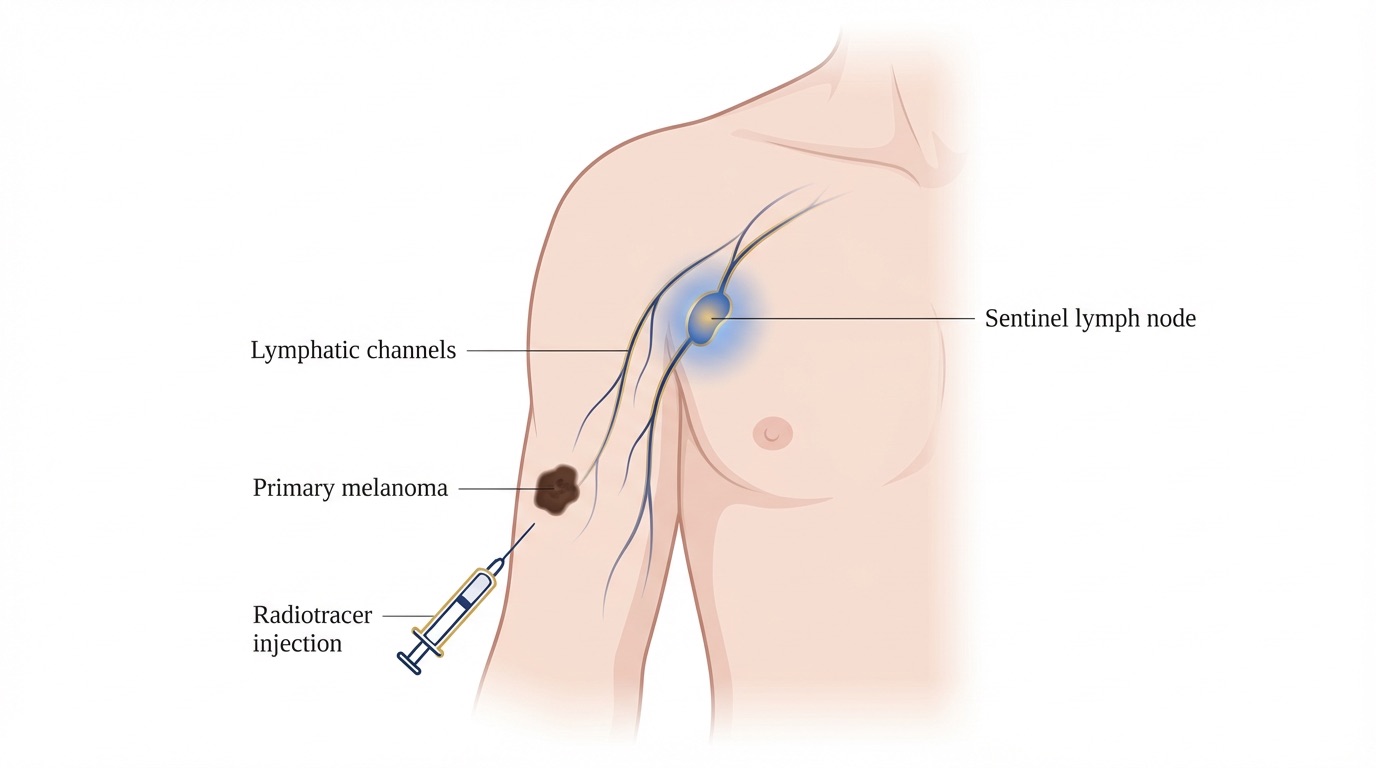 Medical illustration of sentinel lymph node biopsy technique