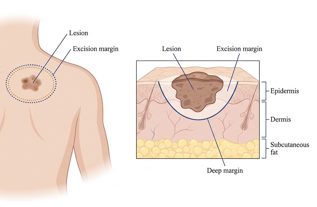 Medical illustration of skin cancer wide local excision with surgical margins